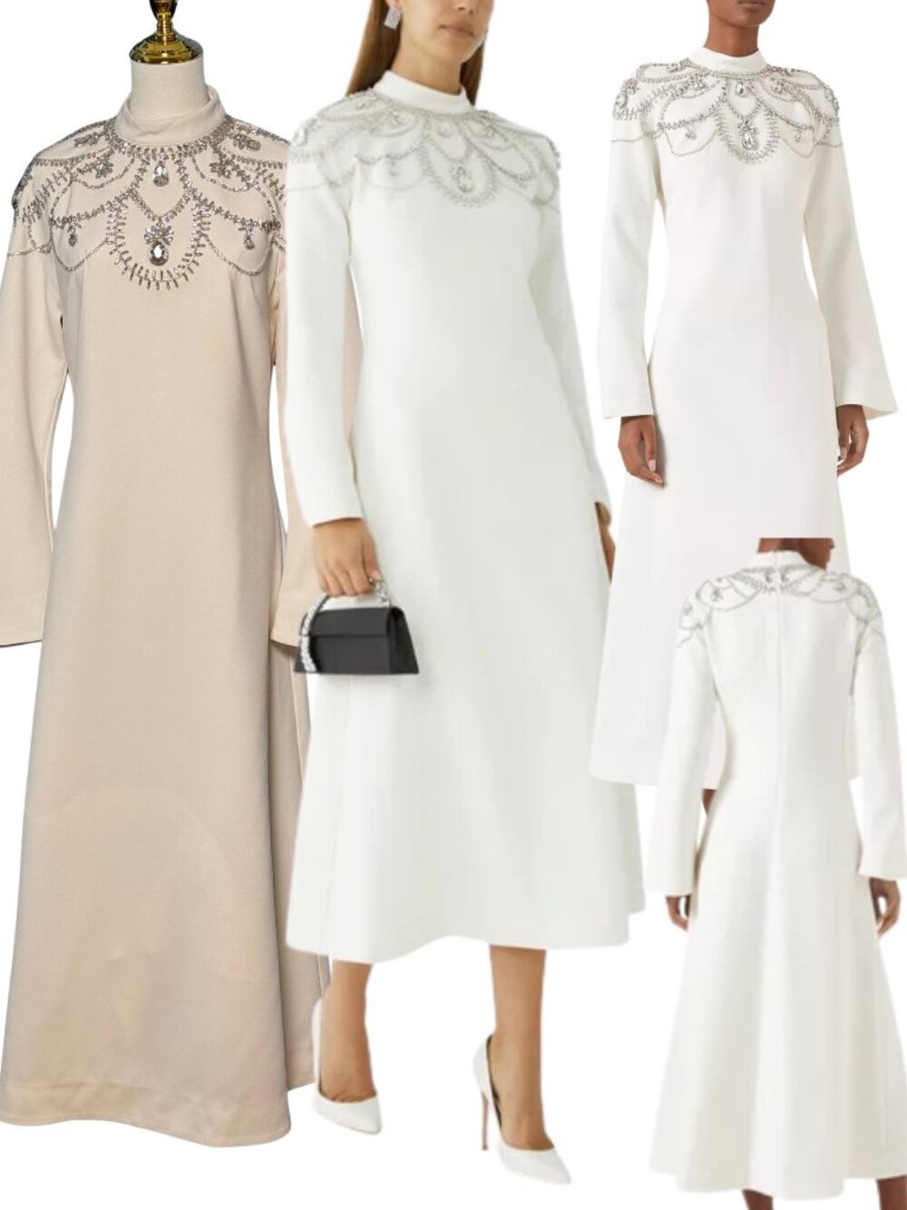 🆕 SIMKHAI 🧿 NWOT Odetta Crystal Embellished Cream Long Sleeve Midi Dress, Sz 8